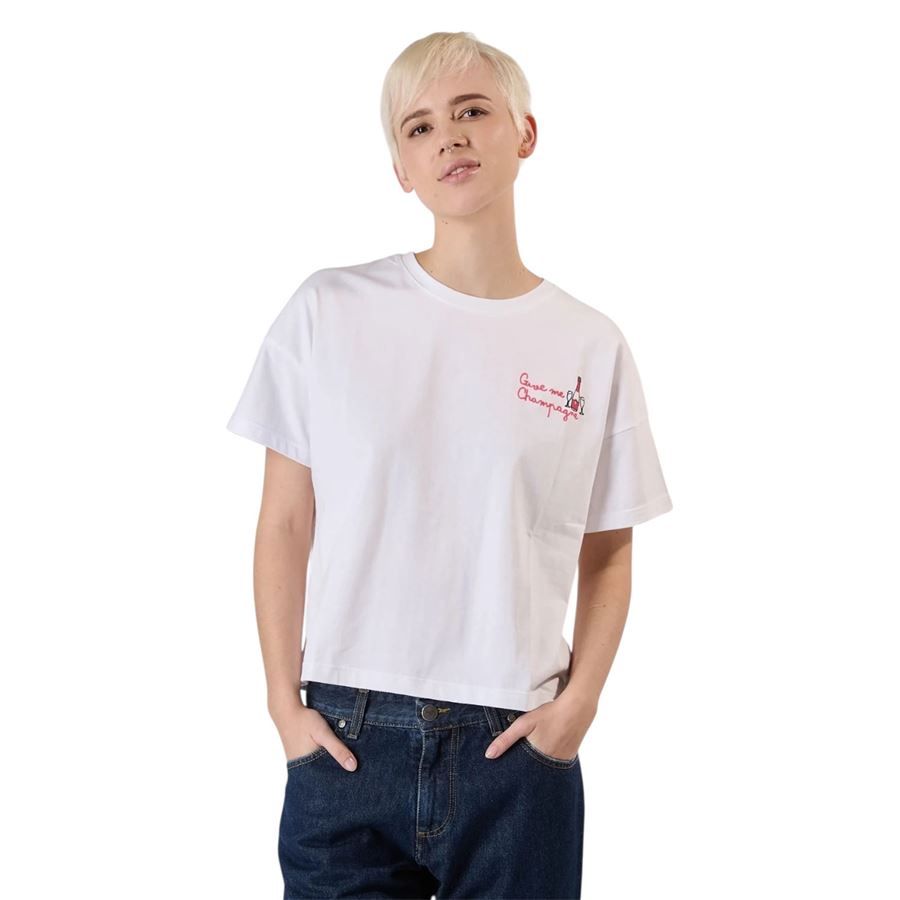 T-shirt manica corta da donna con Ricamo Give Me Champagne Superlculture | AW1157WHITE